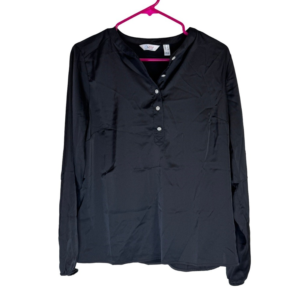 Denim & Co Satin Long Sleeve Popover Blouse Womens Small Black Rhinestone